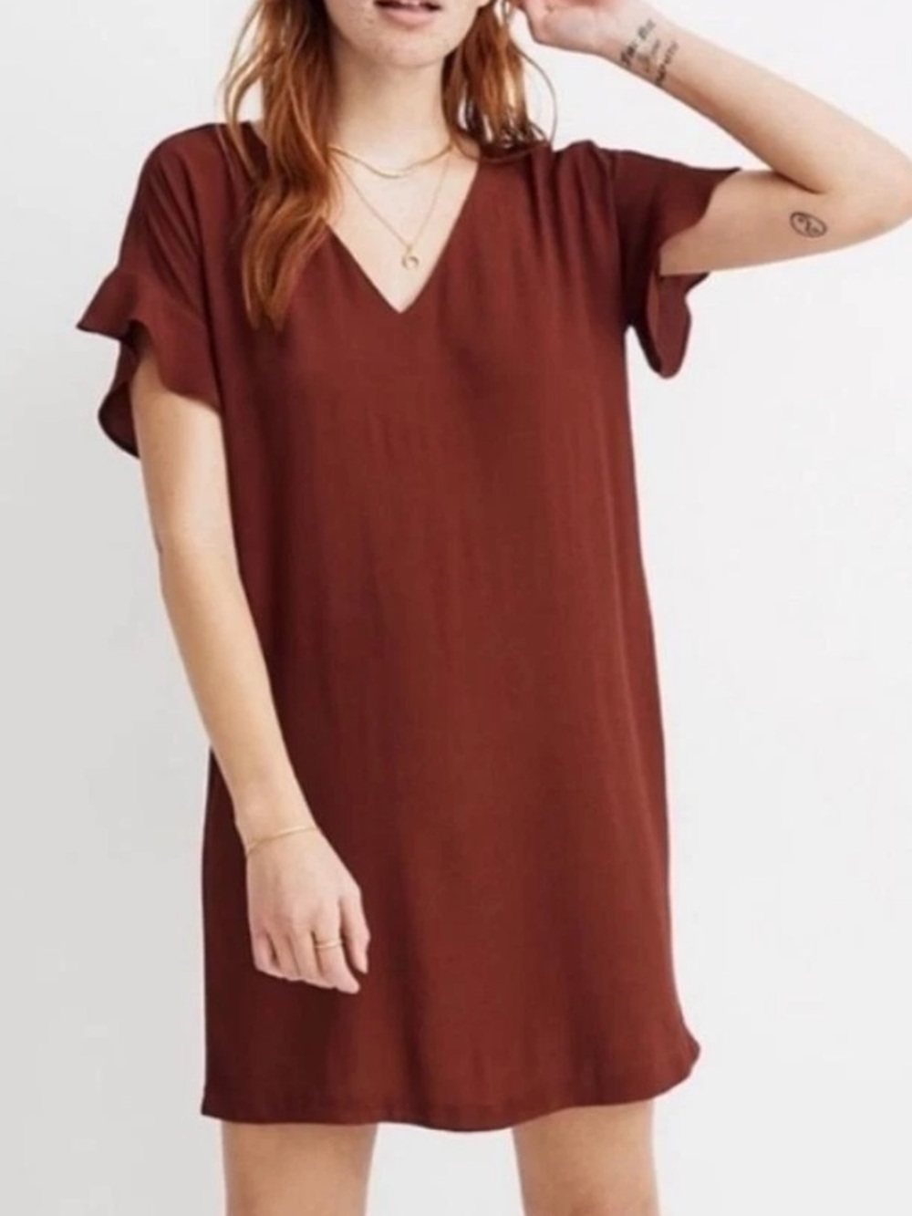 Madewell ruffle-sleeve easy dress in a rust burgundy color V-Neck Shift Dress